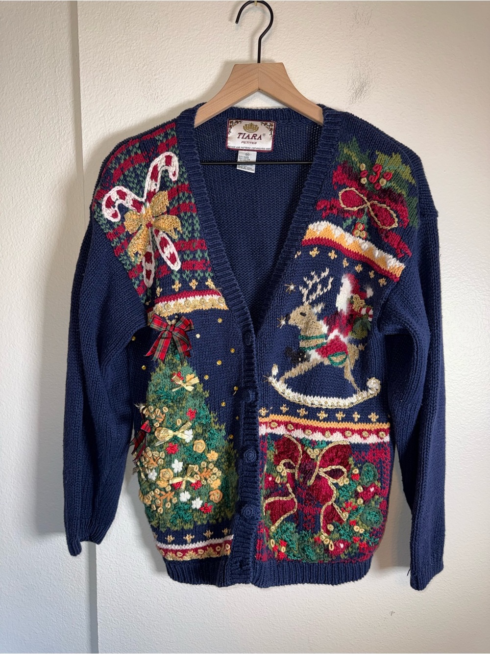 VINTAGE TIARA 90s Holiday Christmas Beaded and Hand knit Cardigan Sweater M